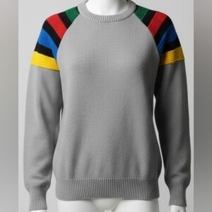 Down Hill Vintage Ski Sweater Gray Waffle Knit  Multi-Color Shoulder Stripes S